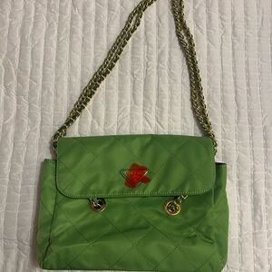 Green Quilted Shoulder Bag with Gold Chain